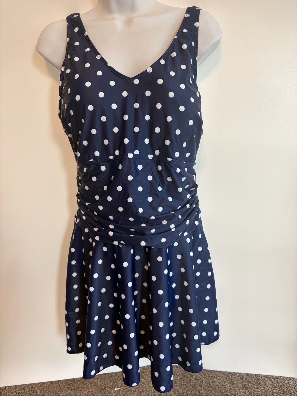Large Women’s Yonique Blue White Polka Dot Swimdress Swimsuit One Piece